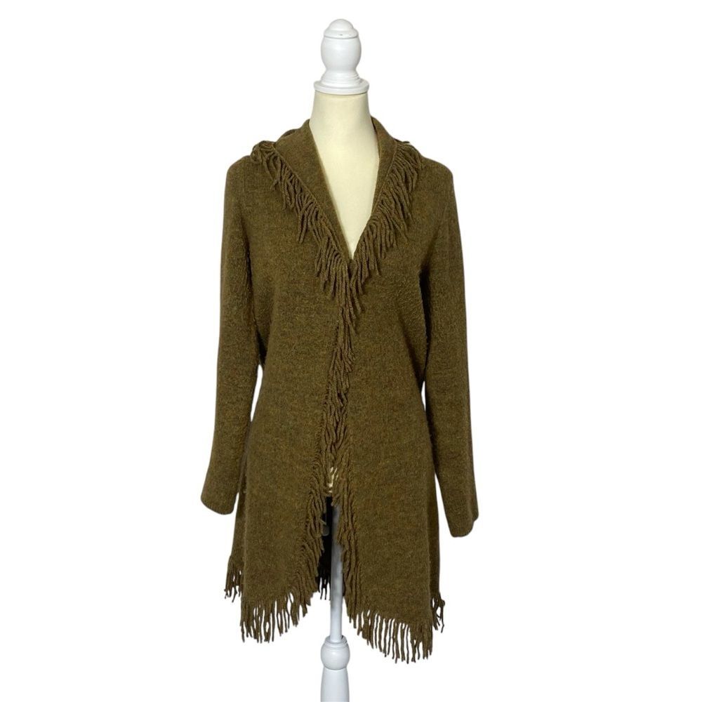 Susan Bristol Green-Brown Wool Blend Shawl Collar Fringe Hem Cardigan Women's M